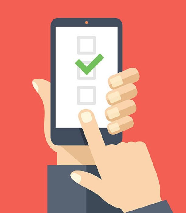 Checkboxes on smartphone screen. Hand hold smartphone, finger touch screen. Checkboxes and checkmark. Modern concept for web banners, web sites, infographics. Creative flat design vector illustration